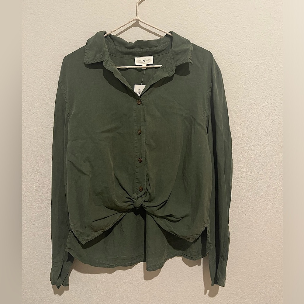 Lou & Grey LOFT NWT Tie Front Button Down Long-Sleeve Top,Large,Olive/Army Green